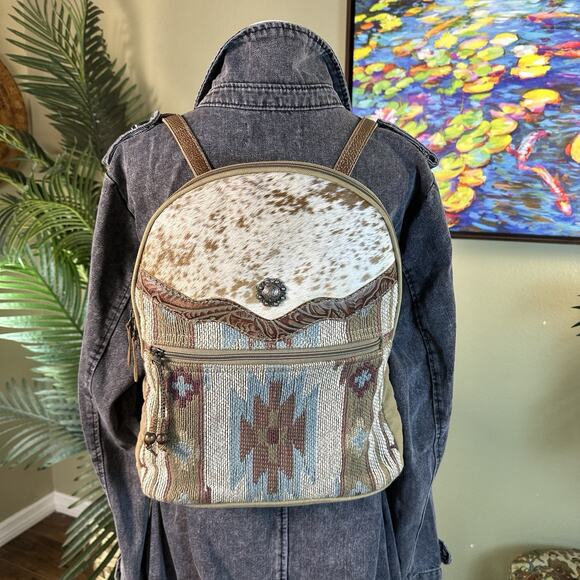 Myra Backpack Hair Hide Canvas weave tooled Leather Aztec Perfect Western main image 5